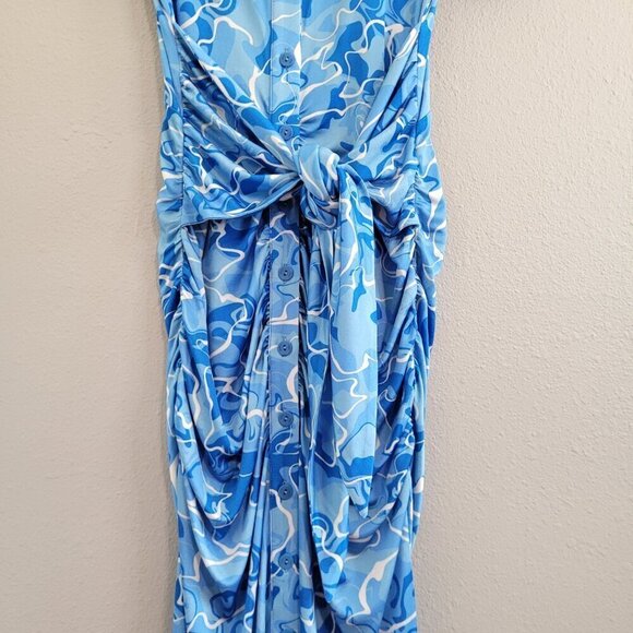 Stretchy Jersey Shirt Midi Dress - Ruched Bodycon Pool Water Print Summer Beach - Picture 5 of 15